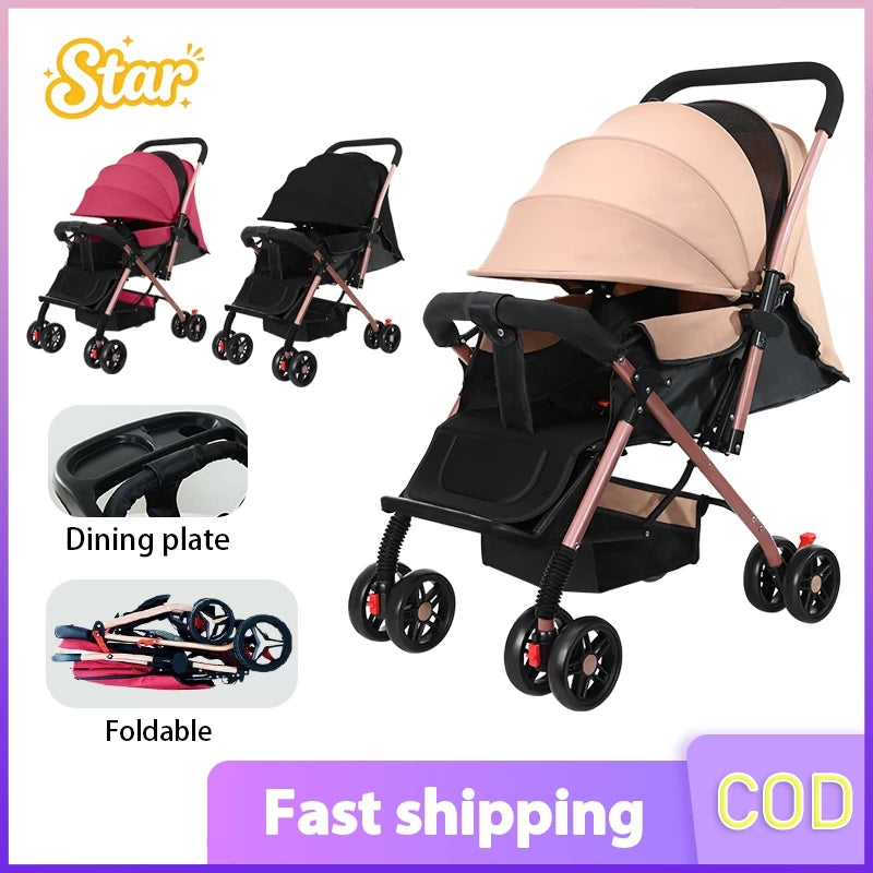 Baby 2-Way Reversible Push Handle With Canopy Foldable Adjustable Travel Stroller